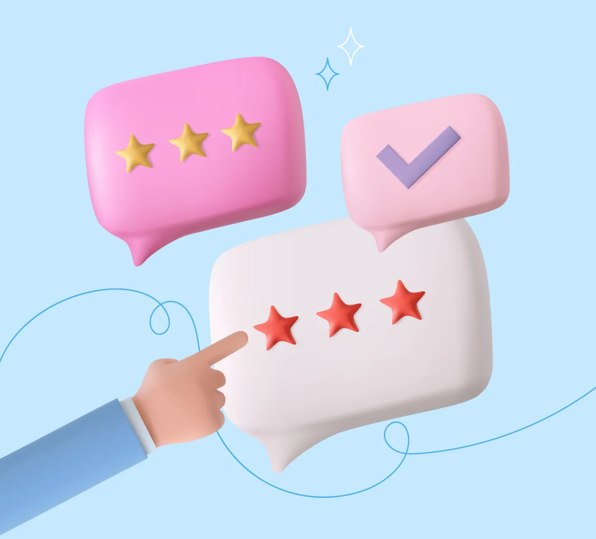 A hand gestures towards a speech bubble containing five stars, symbolizing feedback in app design.