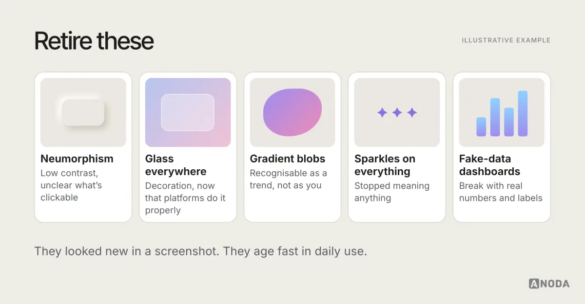 Illustrative gallery titled “Retire these”: five small screen examples showing neumorphic buttons, frosted glass on every panel, a gradient blob hero, sparkle icons on every feature and a portfolio-style dashboard with fake data, each with a one-line reason it has aged.