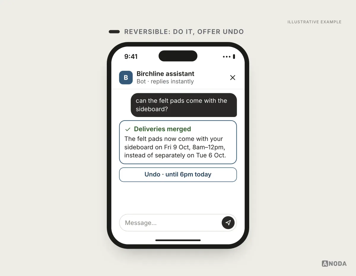 Illustrative example: the bot confirms the felt pads will now arrive with the sideboard on Fri 9 Oct, 8am–12pm, instead of separately on Tue 6 Oct, and offers an Undo button available until 6pm today.