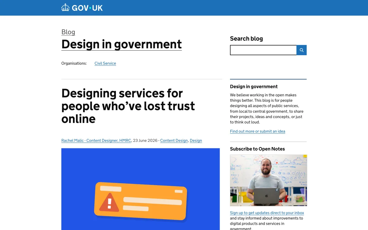 Design in Government post page: “Designing services for people who’ve lost trust online”, published 23 June 2026, by a content designer at HMRC.