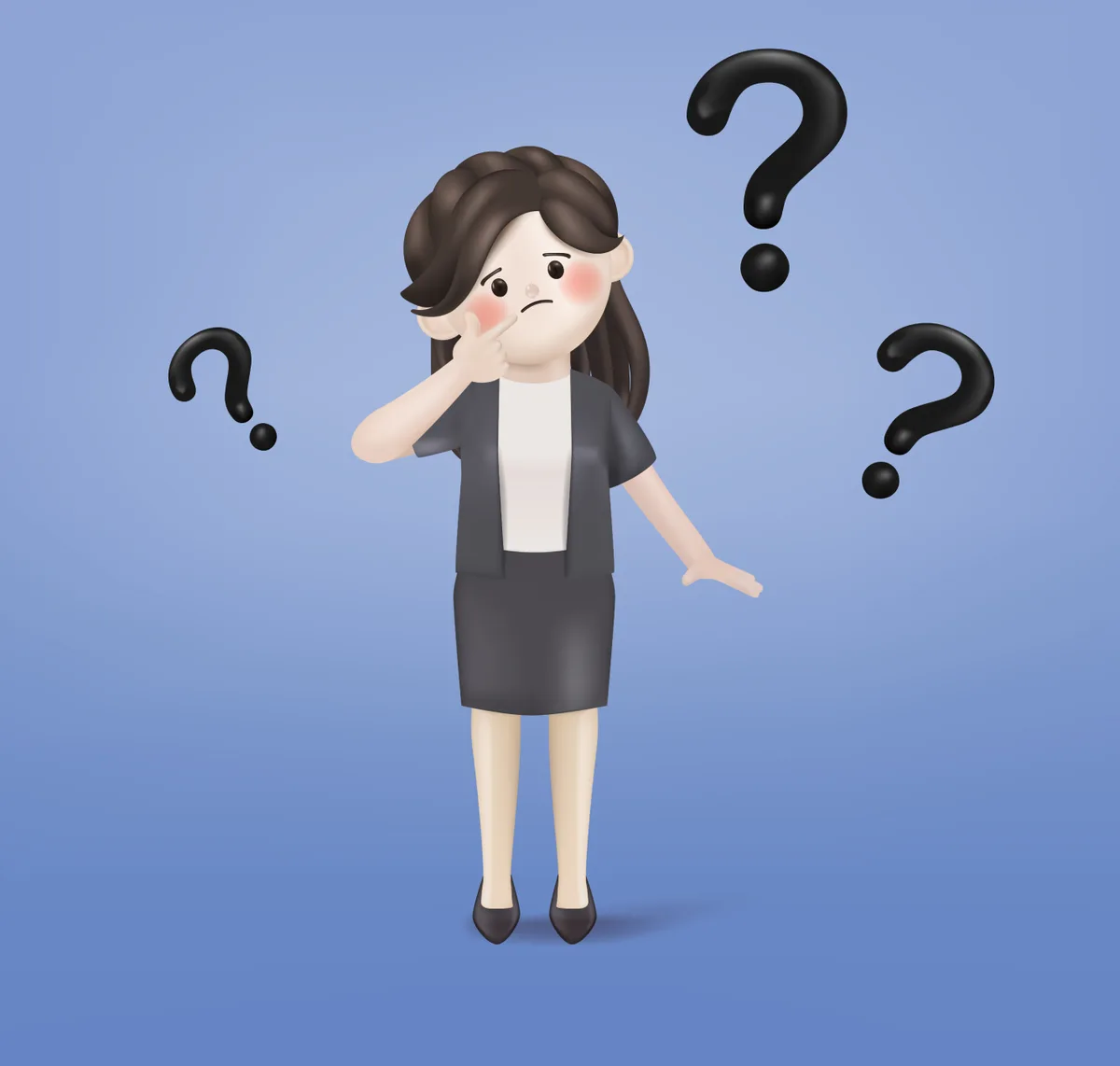 A woman in business attire stands confidently, surrounded by question marks, symbolizing inquiries in app design.