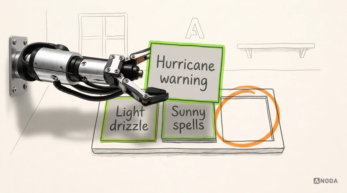 Mixed-media illustration: a drawn weather board holds two equal cards reading “Light drizzle” and “Sunny spells” beside an empty slot circled in orange; a real steel arm entering from the left on a wall bracket sets a bigger “Hurricane warning” card, outlined in lime, on top of the others.