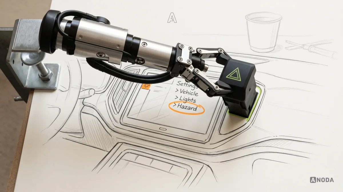Mixed-media illustration: a drawn car dashboard with a smooth glass touchscreen showing the menu path “Settings > Vehicle > Lights > Hazard” circled in orange; a real steel robotic arm clamped at the left edge presses a real chunky switch with a lime-outlined hazard triangle into the drawn dashboard beside the screen.
