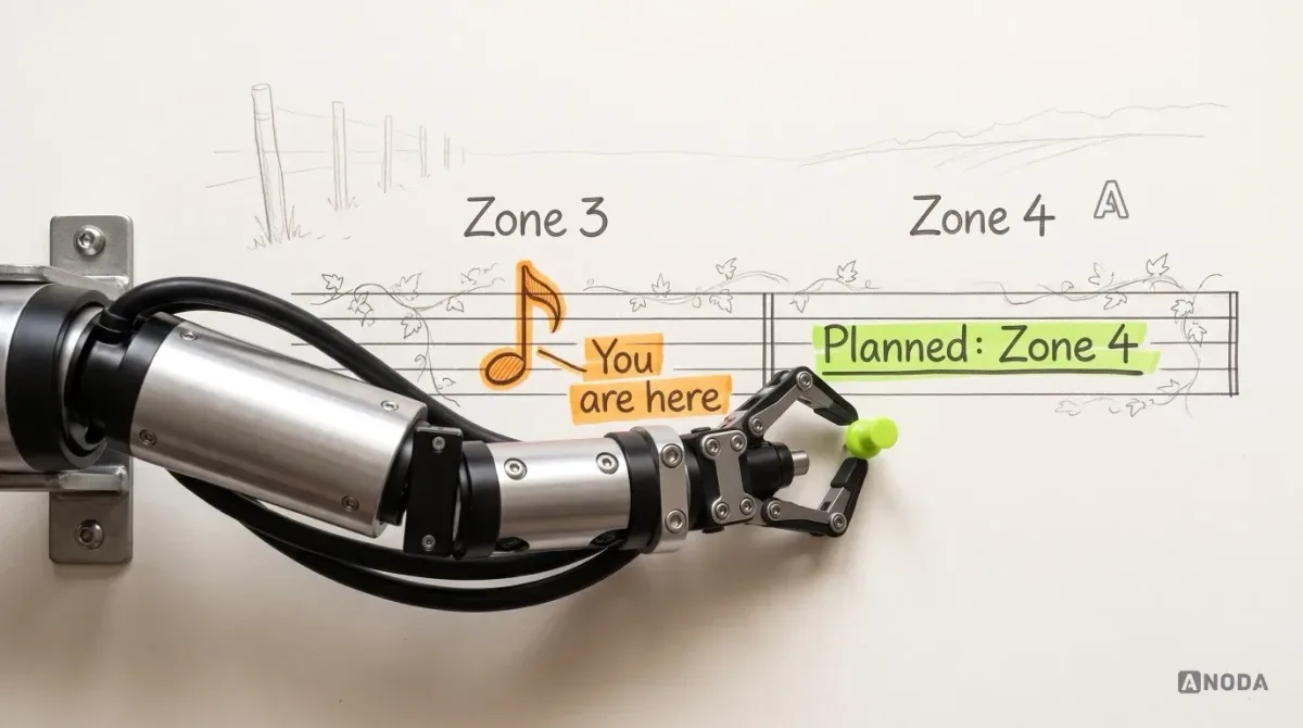 Mixed-media illustration: vineyard rows drawn as the five lines of a musical staff, divided into bars labelled “Zone 3” and “Zone 4”; an orange note sits in the “Zone 3” bar with a small orange label “You are here”, while the “Zone 4” bar carries the label “Planned: Zone 4”; a real steel arm from a wall bracket at the left edge presses a real lime pushpin into the “Zone 4” bar.