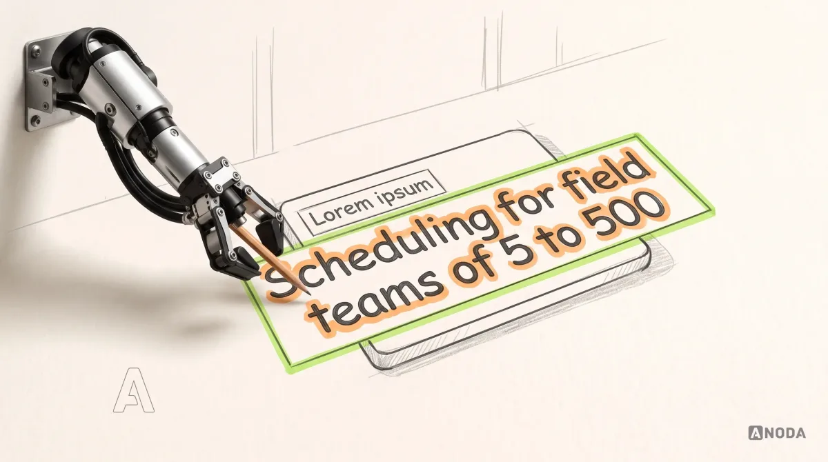 Mixed-media illustration: a drawn wireframe card with a neat box labelled “Lorem ipsum”; a real headline reading “Scheduling for field teams of 5 to 500” spills out over its edges, outlined in orange, while a real steel arm entering from the left draws a taller lime box around it with a real pencil.