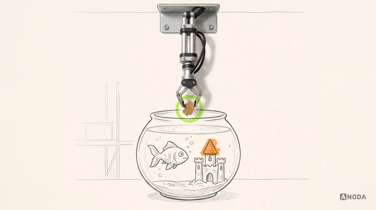 Mixed-media illustration: a drawn goldfish in a round bowl swims past an orange-marked castle ornament towards a single lime-circled flake that a real steel arm hanging from the top is dropping into the water.