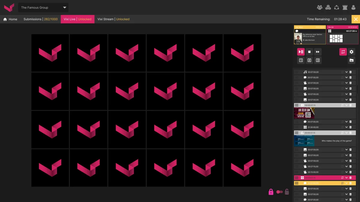 Vixi Live board with the playlist rail: on air countdown, the next fan message up, transport controls, quick-select slots and loop