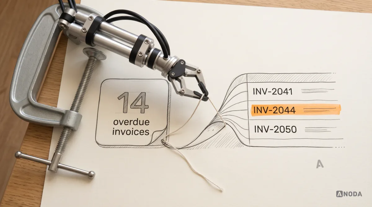 Mixed-media illustration: a drawn dashboard tile reading “14 overdue invoices” with a real thread attached; a real steel arm pulls the thread and it unravels across the paper into a drawn list of invoice rows labelled “INV-2041”, “INV-2044” and “INV-2050”, one row highlighted in orange.