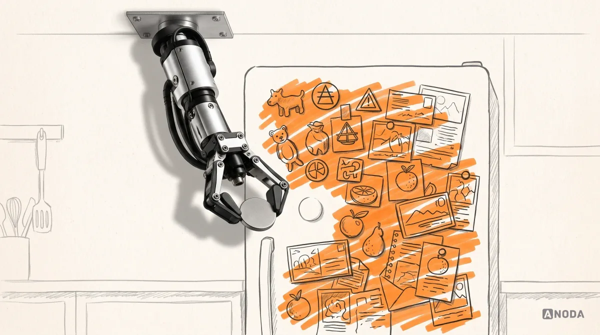 Mixed-media illustration: a drawn fridge door completely covered in orange-marked magnets, postcards and clippings, while a real steel arm from the top hesitates with one more magnet