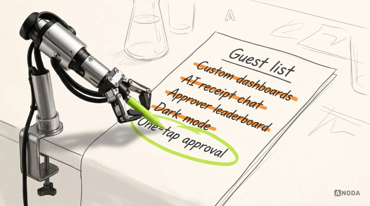 Mixed-media illustration: a long drawn guest list on a table with names written as features, “Custom dashboards”, “AI receipt chat”, “Approver leaderboard” and “Dark mode”, struck through in orange, while a real steel robotic arm on a table clamp at the left edge holds a real lime marker and circles the one name left standing, “One-tap approval”.