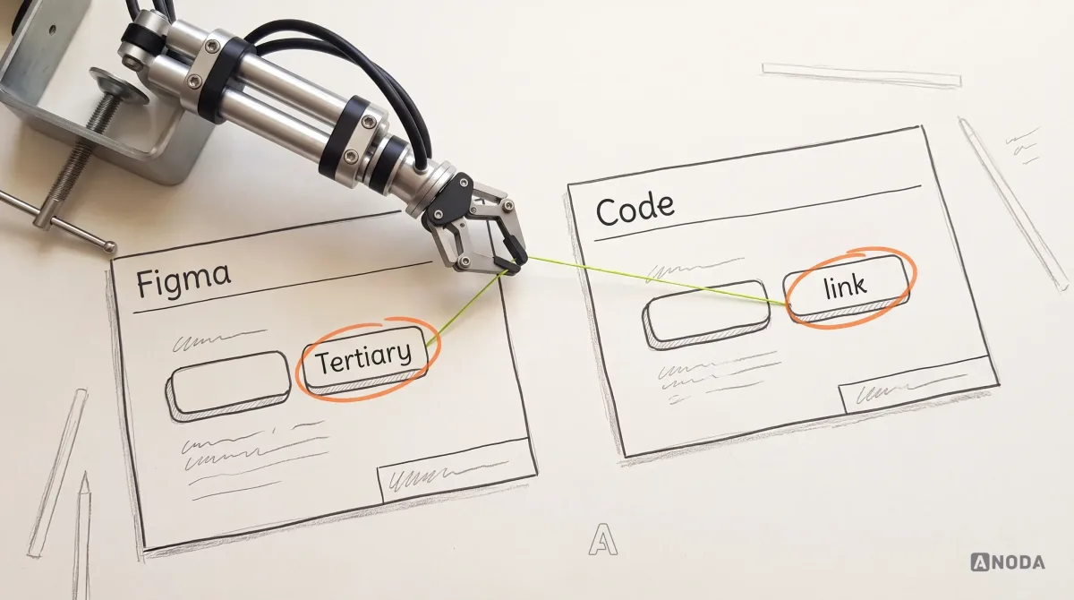 Mixed-media illustration: two drawn blueprints side by side, “Figma” and “Code”, show the same button with its variant circled in orange, “Tertiary” on one and “link” on the other; a real steel robotic arm clamped at the top-left corner stretches a lime thread between the two circles.