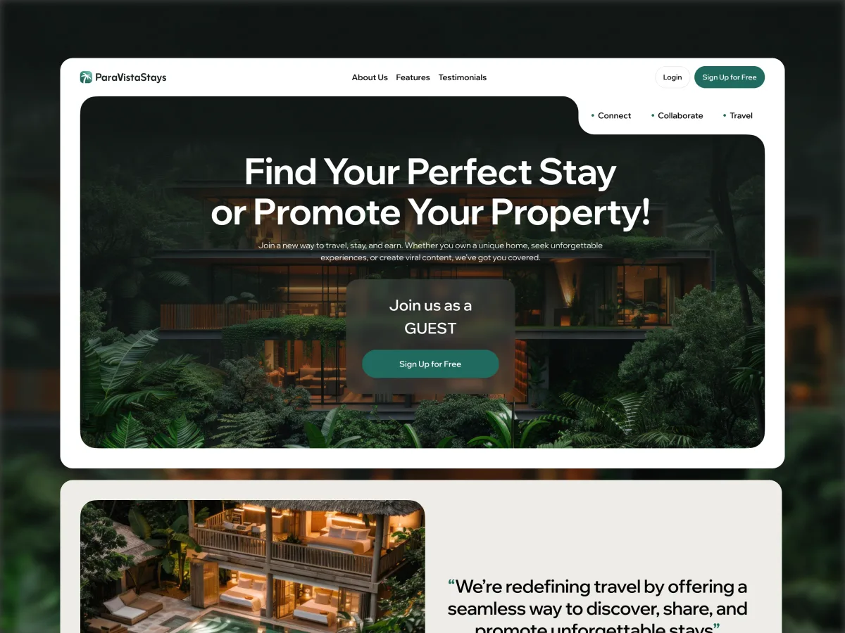 ParaVista Stays landing page: find your perfect stay or promote your property