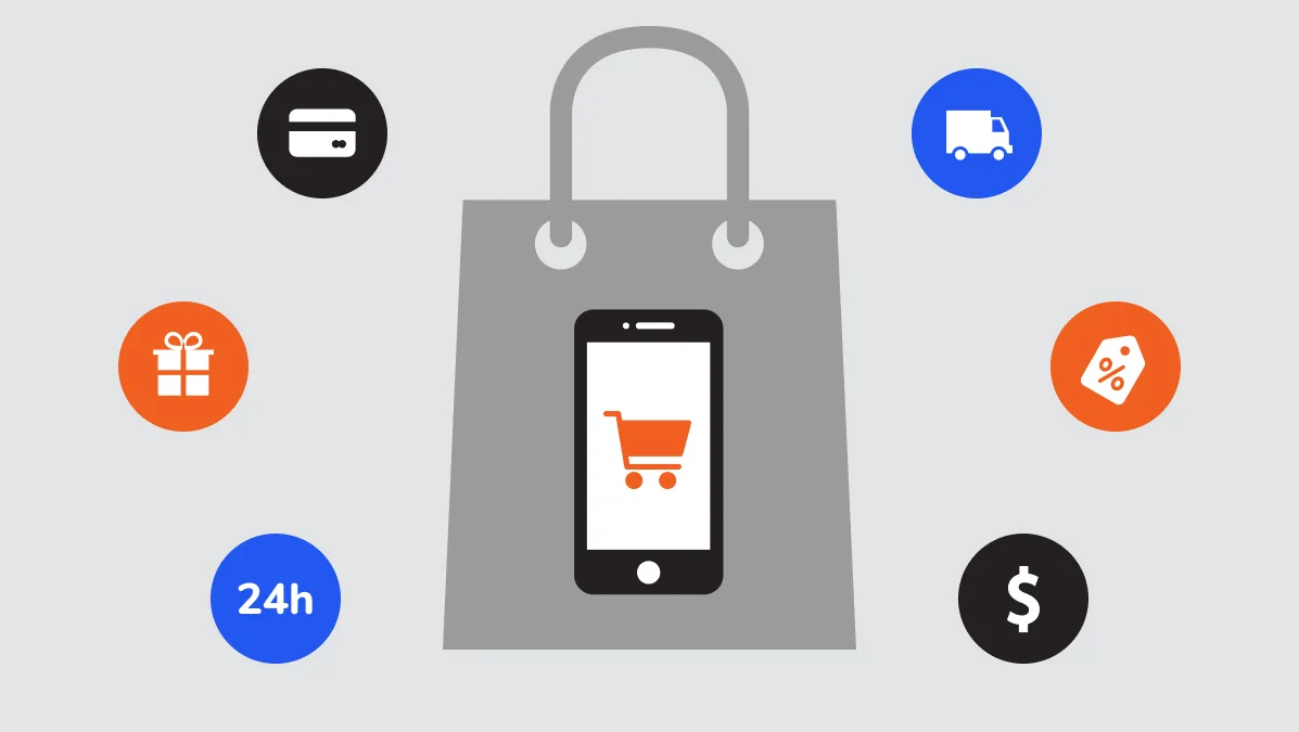 Concept illustration of mobile shopping, payment, delivery, discounts, rewards and availability.