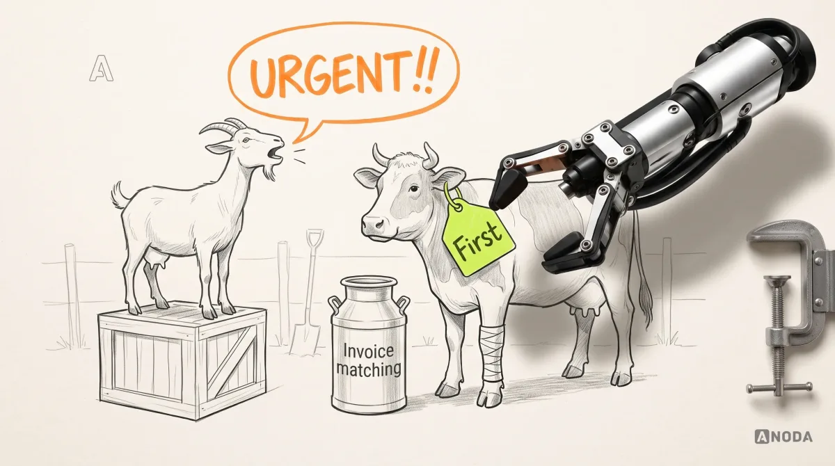 Mixed-media illustration: a drawn farmyard with a drawn goat standing on a crate and an orange speech bubble reading “URGENT!!”, while a drawn cow with a bandaged leg stands quietly beside a milk churn labelled “Invoice matching”; a real steel robotic arm from the right frame edge hangs a lime tag reading “First” around the cow’s neck.