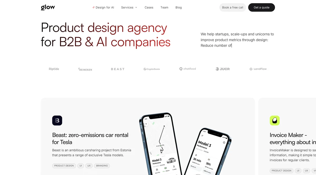Website showcasing top UX design agencies of 2025, featuring pricing and strategies for digital product design.