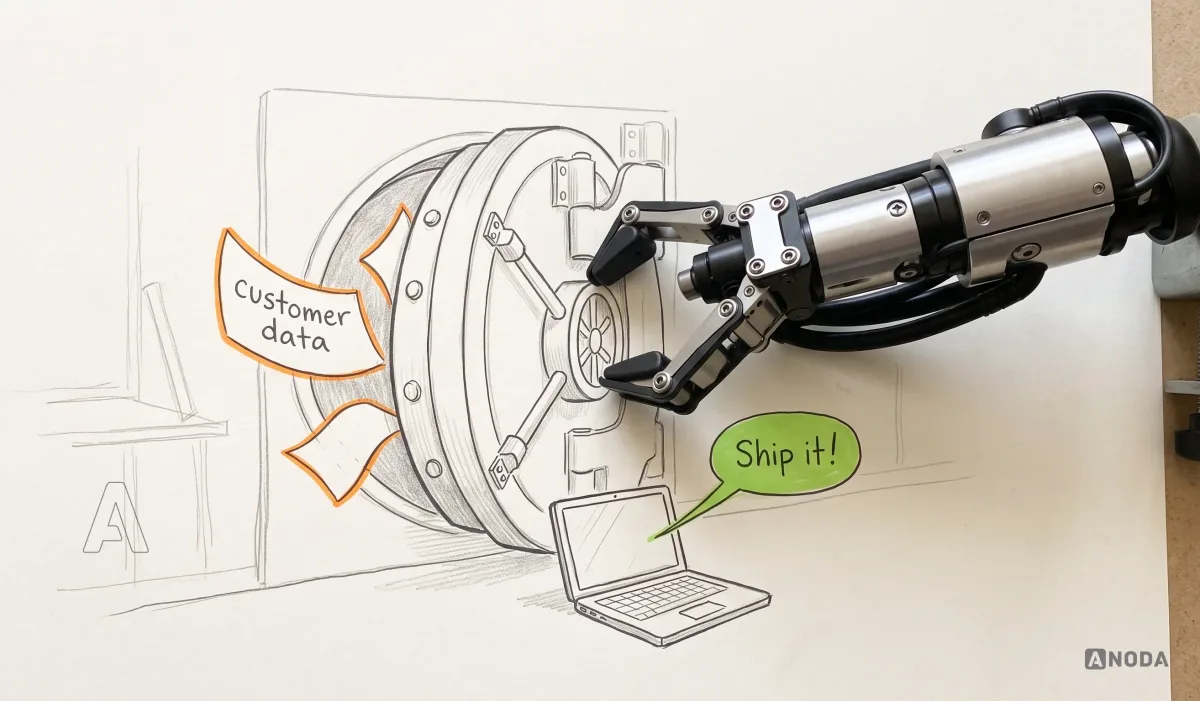 Mixed-media illustration: a drawn bank vault door stands half open with drawn sheets labelled “customer data” drifting out, outlined in orange; in front of it a drawn laptop shows a lime speech bubble “Ship it!”, and a real steel robotic arm pushes the heavy vault door shut.
