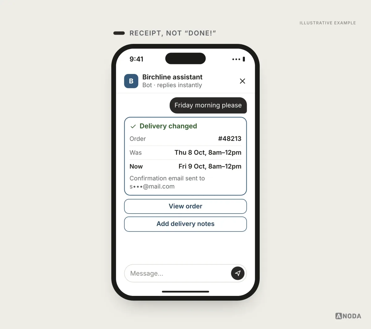 Illustrative example: a “Delivery changed” receipt in the chat for order #48213 showing the old slot Thu 8 Oct, 8am–12pm, the new slot Fri 9 Oct, 8am–12pm, a note that a confirmation email was sent, and buttons “View order” and “Add delivery notes”.