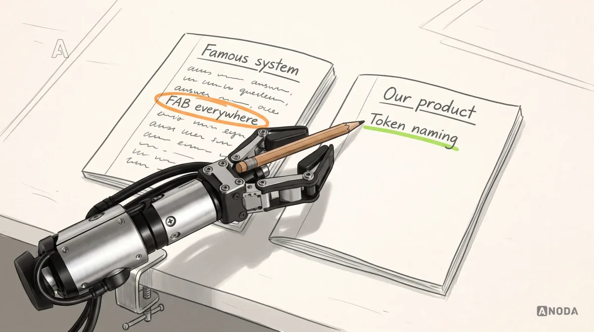Mixed-media illustration: two drawn school notebooks lie open on a desk, the left labelled “Famous system” and full of answers, one circled in orange reading “FAB everywhere”; a real steel robotic arm clamped at the bottom edge holds a pencil and copies a single lime-underlined line, “Token naming”, into the right notebook labelled “Our product”, leaving the rest of the page blank.
