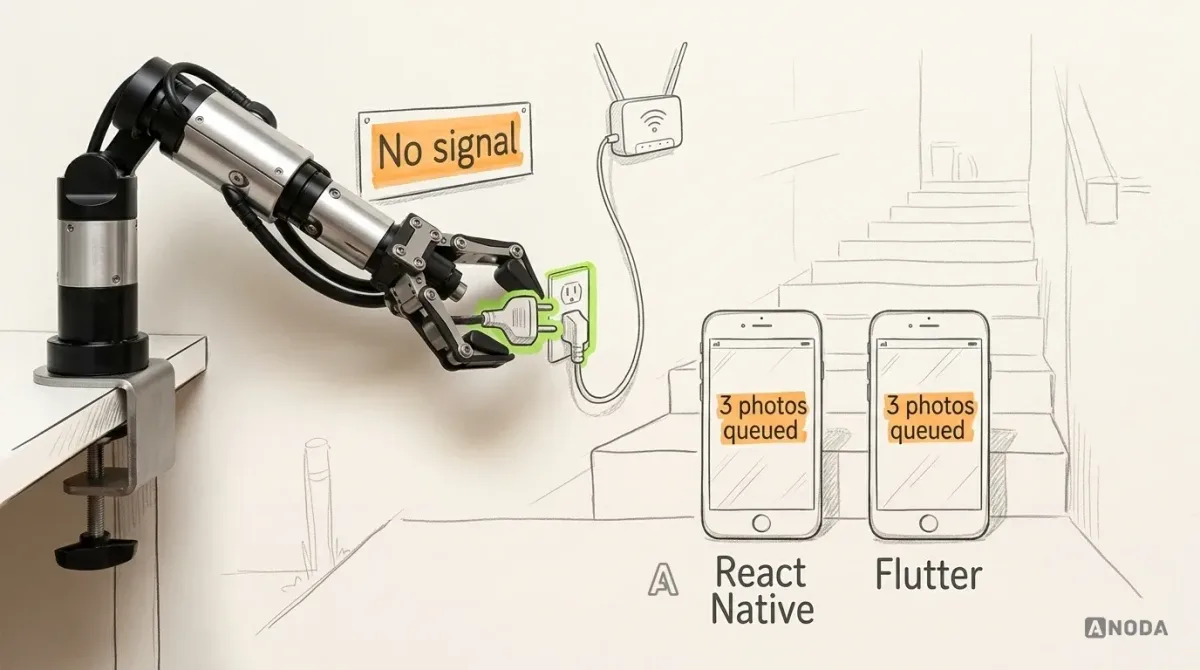 Mixed-media illustration: a drawn basement stairwell with an orange sign reading “No signal”; two drawn phones on the bottom step, labelled “React Native” and “Flutter”, each showing “3 photos queued”; a real steel arm from a table clamp at the left edge pulls the real plug of a drawn Wi-Fi router.