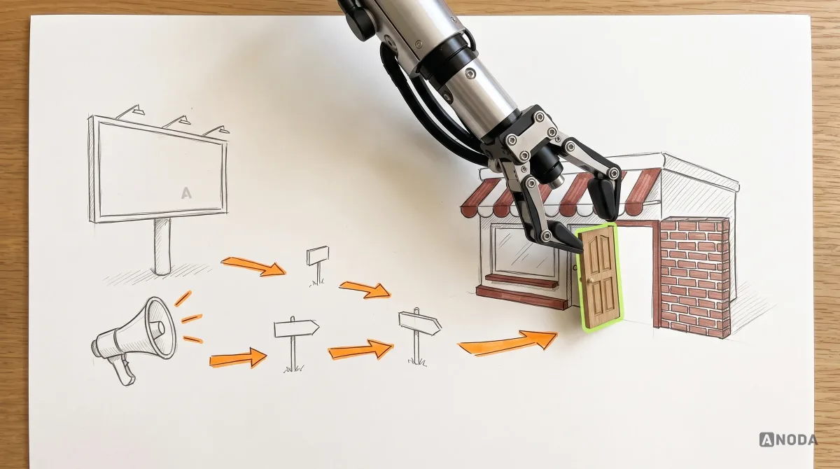 Mixed-media illustration: drawn orange arrows and signposts lead from a billboard and a megaphone to a small drawn shop whose doorway meets a brick wall; a real steel robotic arm fits a real small wooden door, outlined in lime, into the gap.