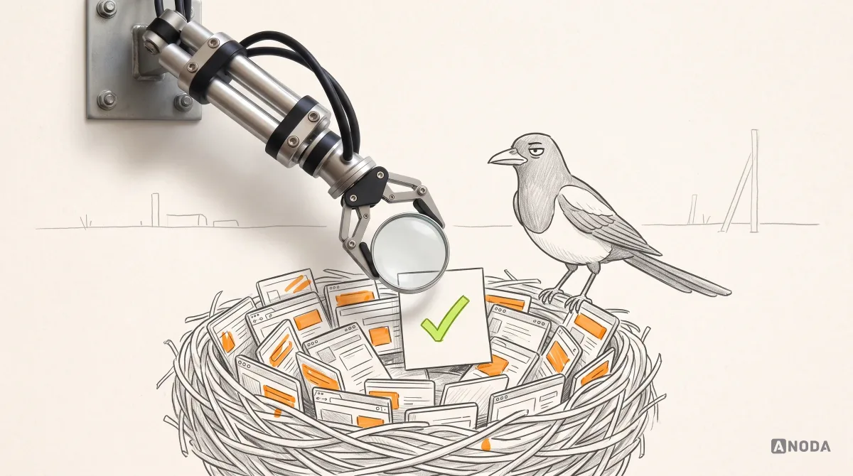Mixed-media illustration: a drawn magpie guards a nest woven from shiny screen thumbnails marked in orange, while a real steel arm from the top holds a real magnifying glass over the one plain card with a lime tick