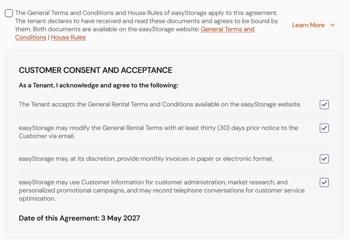 The terms checkbox and the Customer Consent and Acceptance block: four statements with checkboxes and the date of the agreement