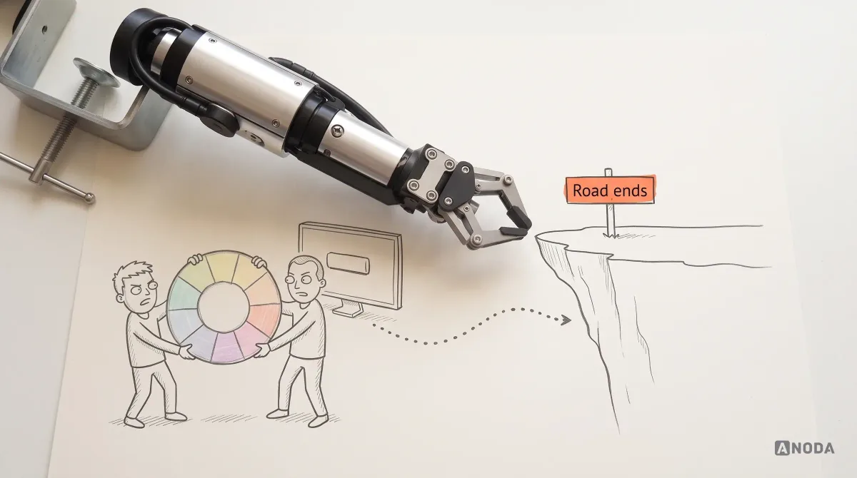 Mixed-media illustration: two small drawn people argue over a large colour wheel beside a drawn screen with a big button, while a dotted path from the screen runs to the edge of a cliff marked “Road ends” and a real steel arm points at the cliff edge.