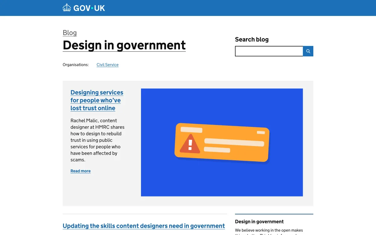 Design in Government blog index: a GOV.UK-styled page featuring the post “Designing services for people who’ve lost trust online”.