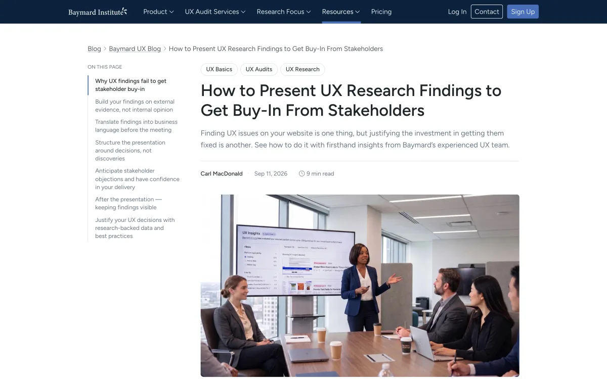Baymard article page: “How to Present UX Research Findings to Get Buy-In From Stakeholders”, published 11 September 2026, with a table of contents and a photo of a presentation.
