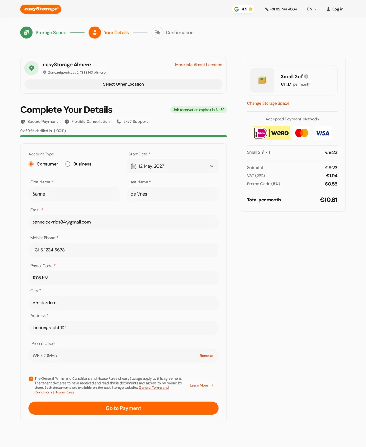 Filled details for a consumer booking with the start date, address and promo code, the reservation timer, and Go to Payment