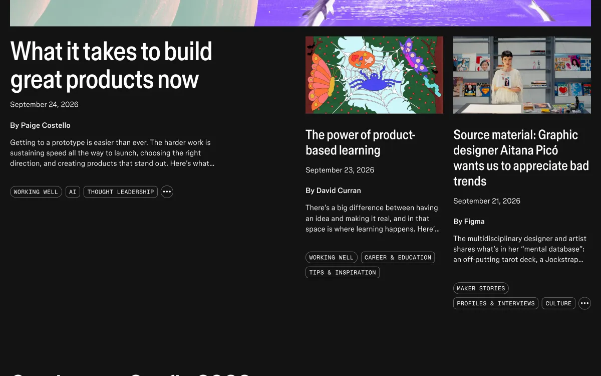 Figma blog index: the Shortcut header with featured articles “What it takes to build great products now”, “The power of product-based learning” and a maker-story interview, dated September 2026.