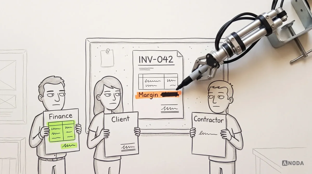 Mixed-media illustration: a drawn invoice “INV-042” on a corkboard, viewed by three drawn people through paper frames labelled Finance, Client and Contractor, each showing a different part; a real steel arm blacks out a “Margin” line with a real marker.