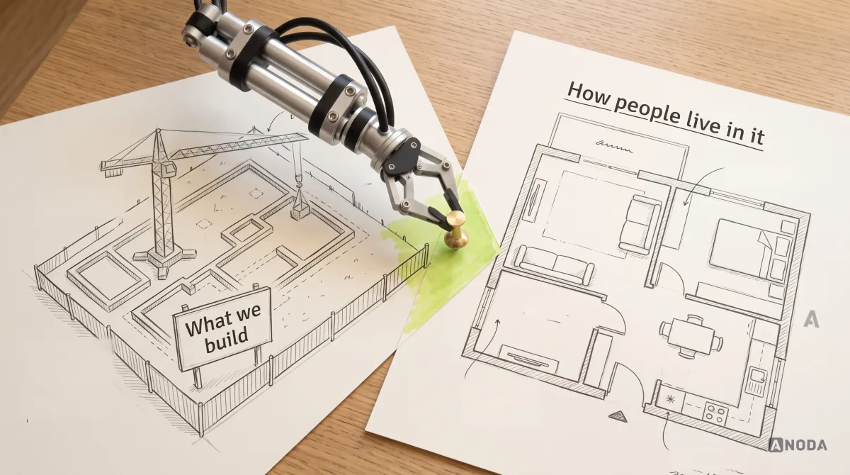 Mixed-media illustration: two drawn sheets overlap at one corner, a building site plan with a sign “What we build” on the left and a furnished floor plan labelled “How people live in it” on the right; a real steel robotic arm presses a brass pushpin through the corner where they meet, the overlap highlighted in lime.