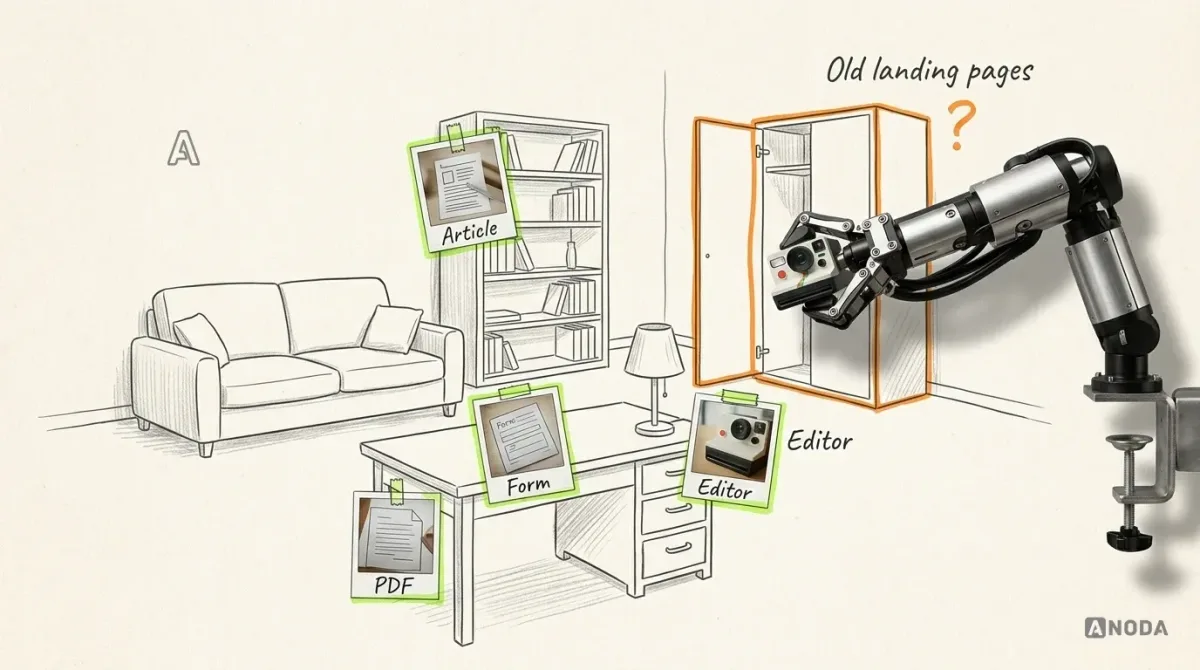 Mixed-media illustration: a drawn living room with instant photos pinned over the furniture, each labelled “Article”, “Form”, “PDF” and “Editor”; a drawn cupboard in the corner marked “Old landing pages” is outlined in orange with a “?”, and a real steel arm on a table clamp at the right edge points a real instant camera at it.