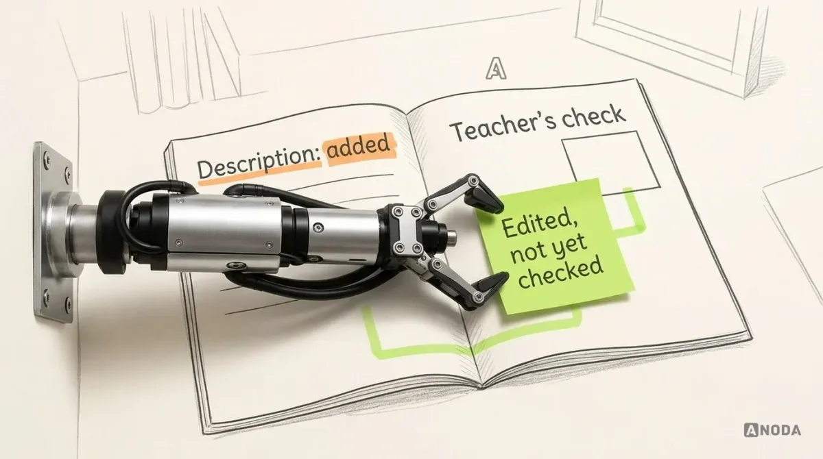 Mixed-media illustration: a drawn open exercise book on a desk; the left page reads “Description: added”, the right page has an empty box under “Teacher’s check”, and a real steel arm from a wall bracket presses a lime sticky note reading “Edited, not yet checked” beside the box.