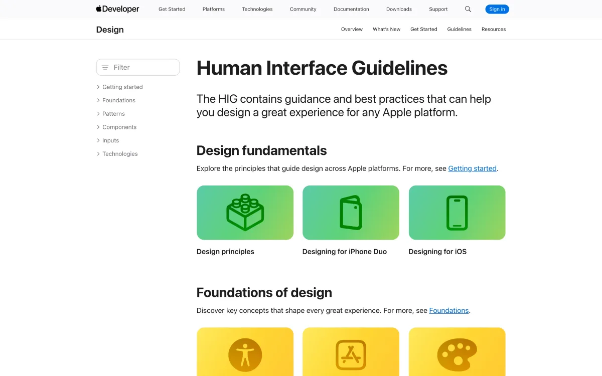 Apple Human Interface Guidelines landing page: design fundamentals and foundations with illustrated topic cards.