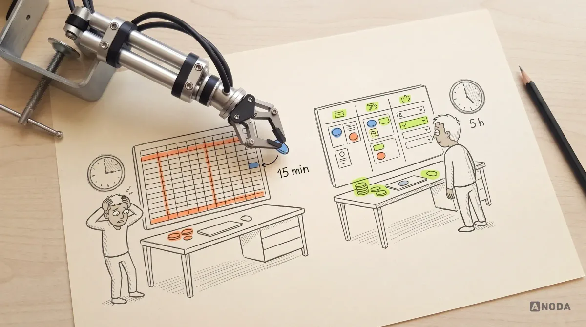Mixed-media illustration: two drawn desks; on the left a worker clutches their head in front of a dense spreadsheet marked “15 min”, on the right a worker stands at a tidy board of coloured chips and icons under a clock marked “5 h”, while a real steel arm places a coloured chip onto the spreadsheet.