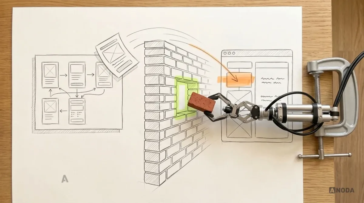 Mixed-media illustration: a drawn brick wall on paper with a design file flying over it towards a drawn code editor on the other side, the landing spot highlighted in orange; a real steel robotic arm pulls out a real brick from the wall, opening a window between the two sides, highlighted in lime.