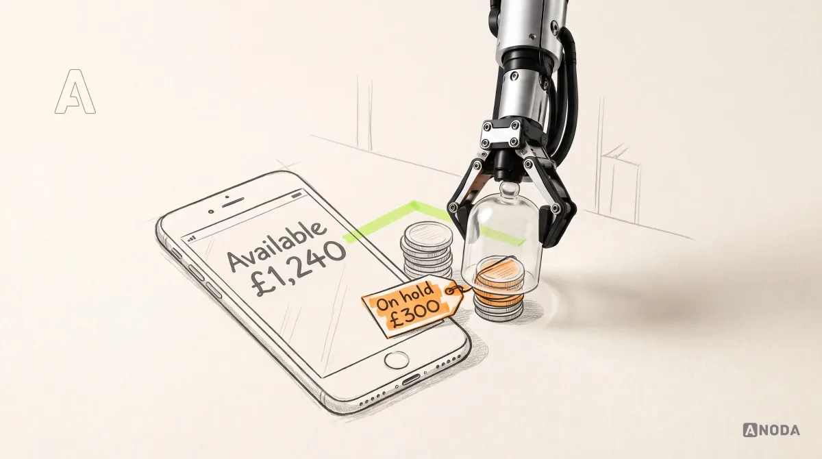 Mixed-media illustration: a drawn smartphone shows “Available £1,240” next to two drawn stacks of coins; a real steel robotic arm hanging from the top edge places a real glass cloche over one stack, which carries an orange tag “On hold £300”.