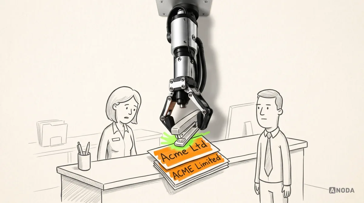 Mixed-media illustration: at a drawn reception desk, a real steel arm staples together two orange visitor badges reading “Acme Ltd” and “ACME Limited” while the receptionist and a visitor look on.