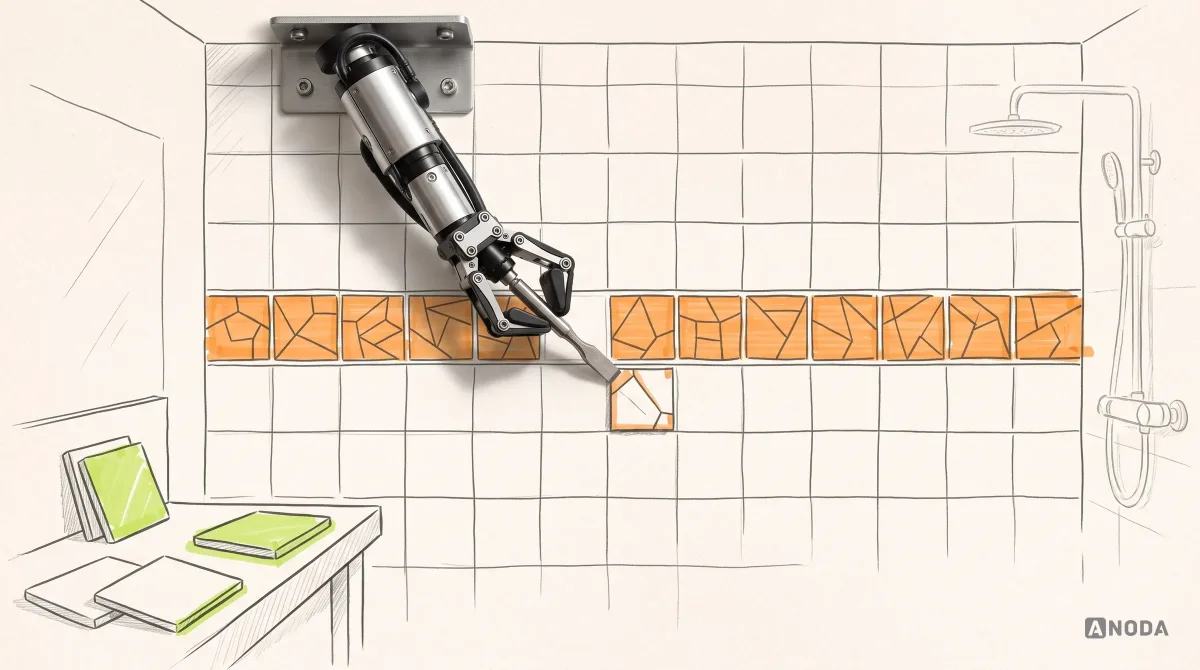 Mixed-media illustration: a drawn bathroom wall with one orange row of tiles in the wrong pattern, while a real steel arm from the top sets a chisel against one of them and lime sample tiles wait on a showroom table below