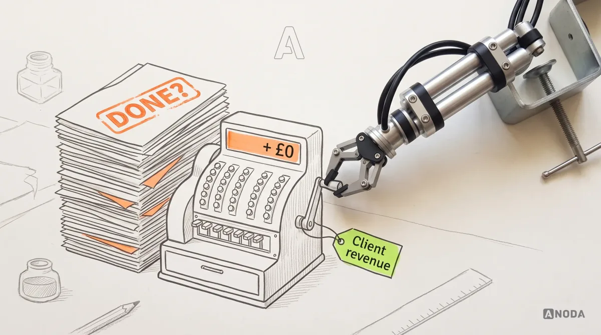 Mixed-media illustration: a tall stack of design files stamped “DONE?” in orange stands next to a drawn cash register showing “+ £0”; a real steel robotic arm turns the register’s crank handle, and a lime tag on it reads “Client revenue”.