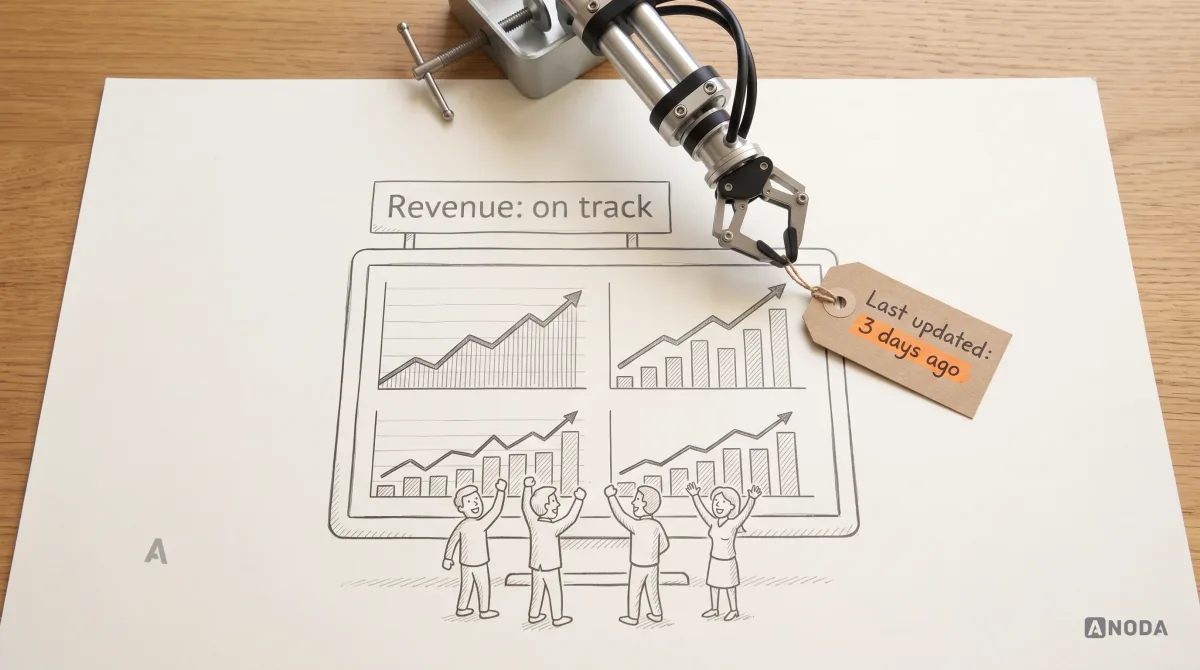Mixed-media illustration: a drawn dashboard with rising charts and a sign “Revenue: on track” in front of a small drawn team cheering; a real steel arm hangs a real brown paper luggage tag on the chart reading “Last updated: 3 days ago”, highlighted in orange.