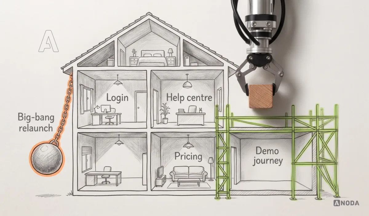 Mixed-media illustration: a drawn cross-section of a house with rooms labelled “Login”, “Help centre” and “Pricing”, all lit and furnished, and an empty fourth room labelled “Demo journey” inside lime scaffolding; a real steel arm hanging from the top edge lowers a real small wooden block into that room, while a drawn wrecking ball labelled “Big-bang relaunch” hangs idle to the side, outlined in orange.