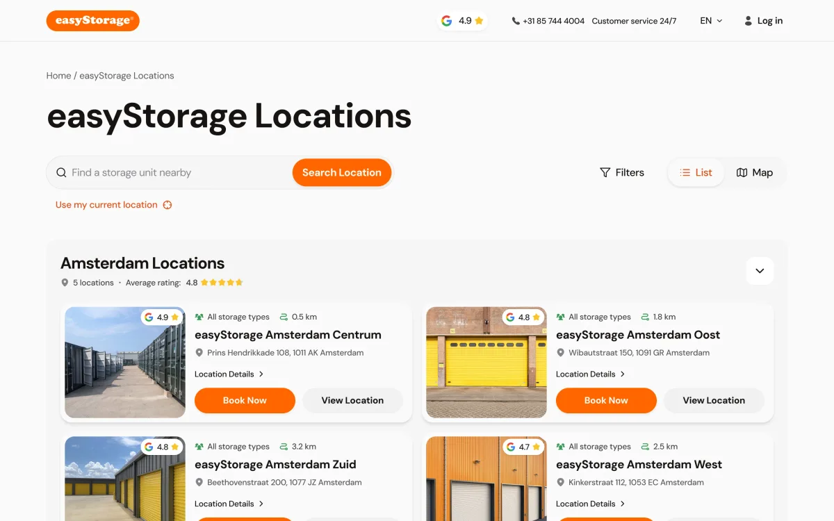 easyStorage Locations on desktop: search, filters, list and map switch, and Amsterdam locations as cards with Book Now and View Location