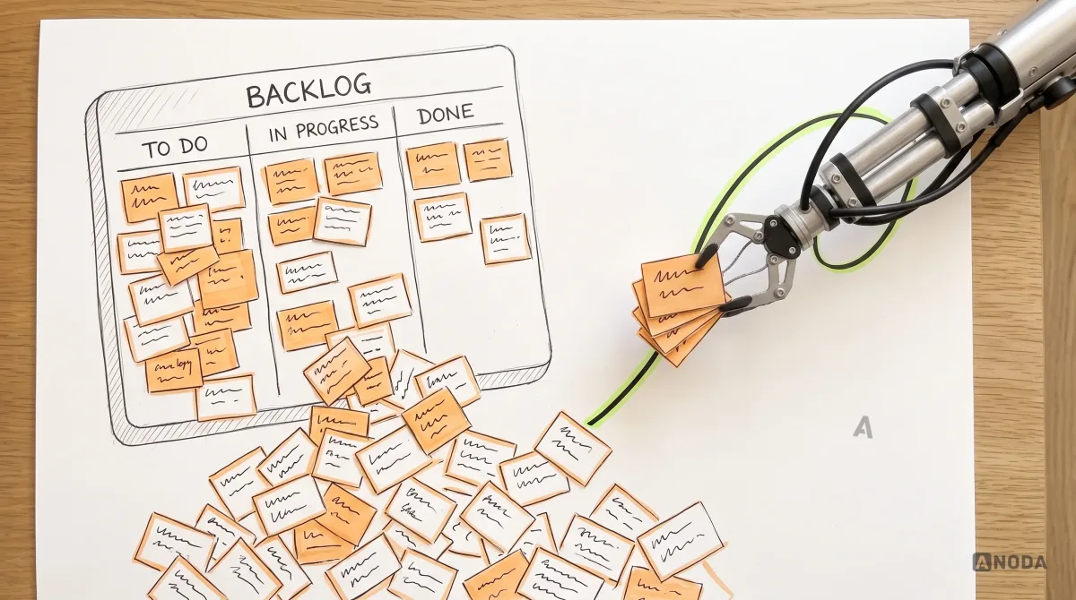 Mixed-media illustration: a large drawn backlog board overflowing with feature cards spills onto the table, highlighted in orange; a real steel robotic arm lifts out a small set of five cards connected by a drawn line into one complete path, highlighted in lime.
