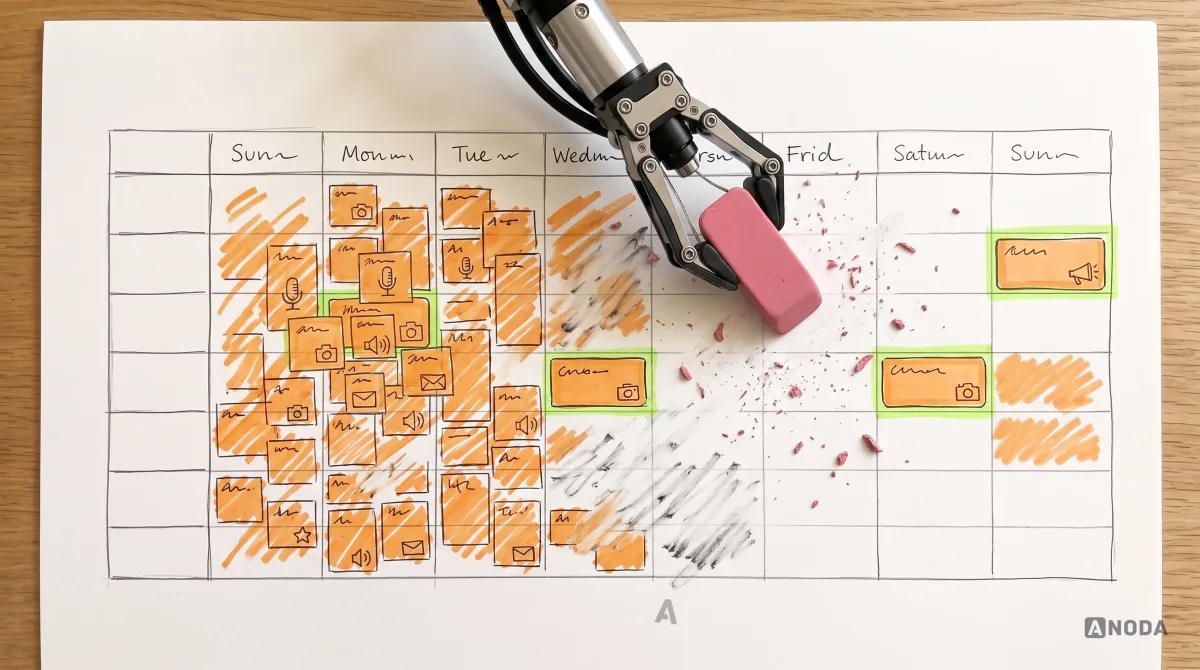 Mixed-media illustration: a drawn school timetable crammed with overlapping orange blocks, each marked with a small channel icon; a real steel robotic arm rubs them out with a real pink eraser, working across the grid and leaving a few clear blocks outlined in lime.