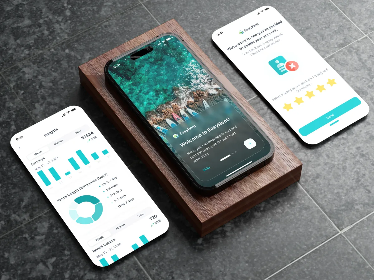 EasyRent app screens: welcome, supplier insights and account deletion