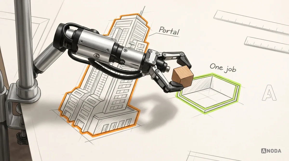 Mixed-media illustration: on the left a large drawn blueprint of a tall tower block labelled “Portal”, outlined in orange, towering over the page; on the right a small drawn foundation outline for a single room labelled “One job”; a real steel robotic arm entering from the left on a table clamp places a real small wooden toy block on the “One job” foundation, which is outlined in lime.