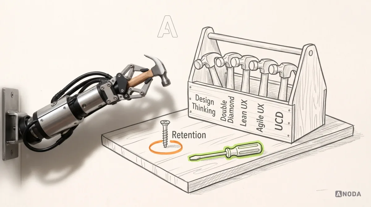Mixed-media illustration: a drawn wooden toolbox holding five identical hammers, labelled on its side “Design Thinking”, “Double Diamond”, “Lean UX”, “Agile UX” and “UCD”, and a drawn screw standing upright on a board, labelled “Retention” and circled in orange, with an unused drawn screwdriver outlined in lime beside it, while a real steel arm entering from the left on a wall bracket raises a small real hammer over the screw.